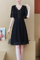 Black V Neck Plus Size Slim Rhinestone Figured Flare Sleeve Fit & Flare Above Knee Lace Dress for Casual Party Office