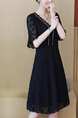 Black V Neck Plus Size Slim Rhinestone Figured Flare Sleeve Fit & Flare Above Knee Lace Dress for Casual Party Office