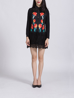 Black and Colorful Plus Size Lapel Linking Lace Located Printing Single-breasted Placket Front Long Sleeve Above Knee Dress for Casual Party Office Nightclub