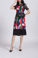 Black and Colorful Plus Size A-Line Slim Round Neck Linking Chiffon Mesh Printed Knee Length Dress for Casual Party Office