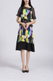 Black and Colorful Plus Size A-Line Slim Round Neck Linking Chiffon Mesh Printed Knee Length Dress for Casual Party Office