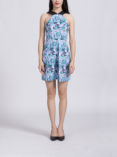 Blue and Colorful Hang neck Slim Open Back Off-Shoulder Linking Printed Above Knee Fit & Flare Dress for Casual Party Nightclub