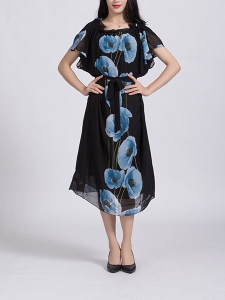 Black and Blue Floral Midi Dress for Casual Party Office