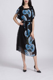 Black and Blue Floral Midi Dress for Casual Party Office