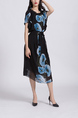 Black and Blue Floral Midi Dress for Casual Party Office
