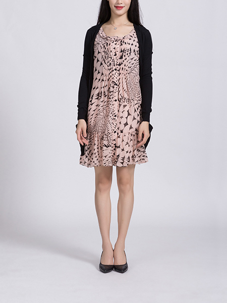 Pink And Black Above Knee Shift Long Sleeves Dress for Casual Office Party