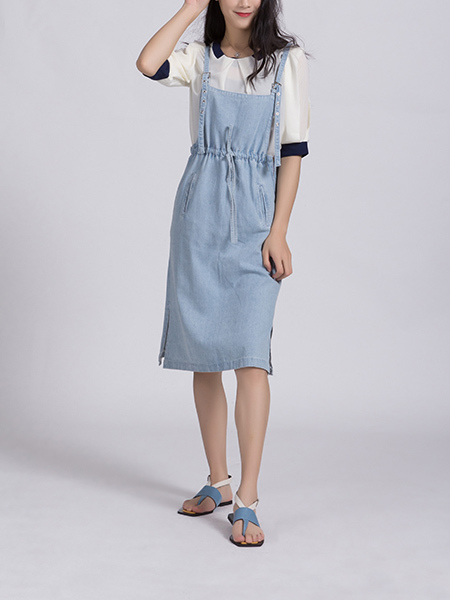 Blue and White Denim Knee Length Round Neck Dress for Casual