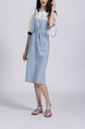 Blue and White Denim Knee Length Round Neck Dress for Casual