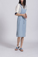 Blue and White Denim Knee Length Round Neck Dress for Casual