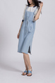 Blue and White Denim Knee Length Round Neck Dress for Casual