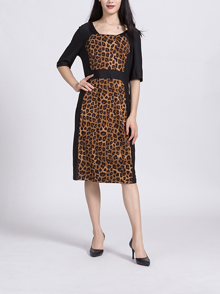 Leopard Black Sheath Knee Length Round Neck Dress for Casual Party Office