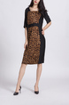 Leopard Black Sheath Knee Length Round Neck Dress for Casual Party Office