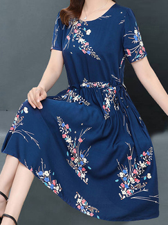 Blue Colorful Fit & Flare Knee Length Plus Soze Floral Dress for Casual Party