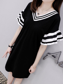 Black and White Shift Knee Length Plus Size V Neck Dress for Casual