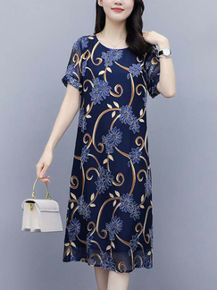 Blue Colorful Shift Round Neck Floral Plus Size Knee Length Dress for Casual Party Office