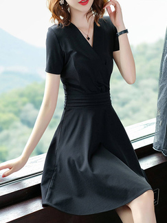 Black Fit & Flare Above Knee Plus Size V Neck Dress for Casual Party Office Evening