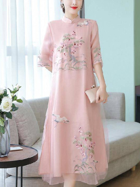 Pink Midi Floral Chinese Collar Plus Size Dress for Casual Party