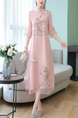 Pink Midi Floral Chinese Collar Plus Size Dress for Casual Party