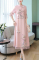 Pink Midi Floral Chinese Collar Plus Size Dress for Casual Party