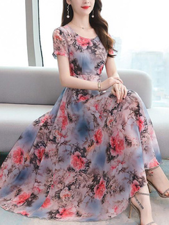 Pink Colorful Fit & Flare Floral Round Neck Midi Plus Size Dress for Casual Party Evening