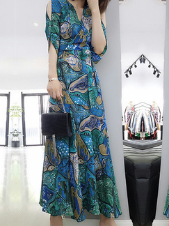 Blue Green Colorful Midi V Neck Plus Size Dress for Casual Beach
