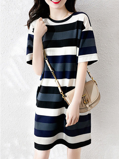 Blue White and Black Round Neck Above Knee Plus Size Shift Dress for Casual Sports