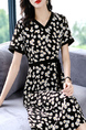 Black And White Fit & Flare V Neck Floral Plus Size Dress for Casual Party Evening Office