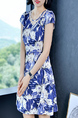 Blue And White Fit & Flare Above Knee Tropical Plus Size Dress for Casual Party Beach
