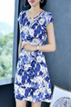 Blue And White Fit & Flare Above Knee Tropical Plus Size Dress for Casual Party Beach