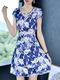 Blue And White Fit & Flare Above Knee Tropical Plus Size Dress for Casual Party Beach