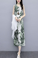 White and Green Two Piece Tropical Midi Plus Size Dress for Casual Party Beach
