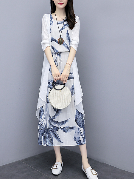 Blue and White Two Piece Midi Tropical Round Neck Plus Size Dress for Casual Party Beach