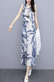 Blue and White Two Piece Midi Tropical Round Neck Plus Size Dress for Casual Party Beach