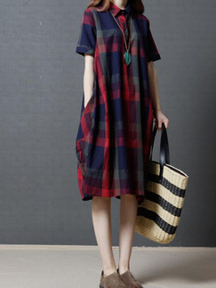 Colorful Plus Size Loose Contrast Grid Pockets Shift Dress for Casual