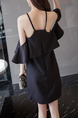 Black Off-Shoulder Ruffle Zipper Back Strap Above Knee Slip Dress for Casual Party Evening