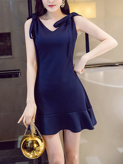Blue Slim V Neck Fishtail Strap Butterfly Knot Zipper Back Dress for Casual Party Evening
