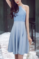 Blue Slim Hang Neck Full Skirt Linking Lace Halter Dress for Casual Party Evening
