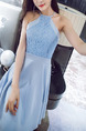 Blue Slim Hang Neck Full Skirt Linking Lace Halter Dress for Casual Party Evening