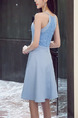 Blue Slim Hang Neck Full Skirt Linking Lace Halter Dress for Casual Party Evening