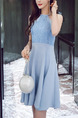 Blue Slim Hang Neck Full Skirt Linking Lace Halter Dress for Casual Party Evening