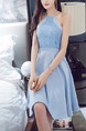 Blue Slim Hang Neck Full Skirt Linking Lace Halter Dress for Casual Party Evening