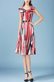 Red Colorful Loose Lapel Printed Knee Length Dress for Casual Office Party