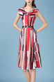 Red Colorful Loose Lapel Printed Knee Length Dress for Casual Office Party