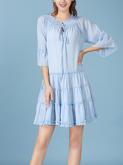 Blue Loose Laced Round Neck Band Flare Sleeve Folds Dress for Casual Party