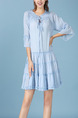Blue Loose Laced Round Neck Band Flare Sleeve Folds Dress for Casual Party