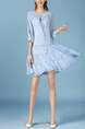 Blue Loose Laced Round Neck Band Flare Sleeve Folds Dress for Casual Party