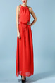 Red Hang Neck Double Lacing Drawstring Band Maxi Dress for Cocktail Prom Bridesmaid