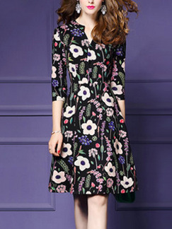 Black Colorful Plus Size Printed A-Line High Waist Semi-Open Collar Dress for Casual Party Office