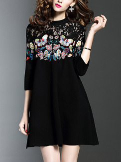 Black Colorful Plus Size A-Line Lace Cutout Located Printing Dress for Casual Office Party