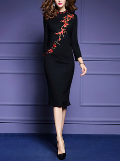 Black Plus Size Round Neck Located Printing Over-Hip Furcal Back Long Sleeve Knee Length Dress for Casual Office Evening